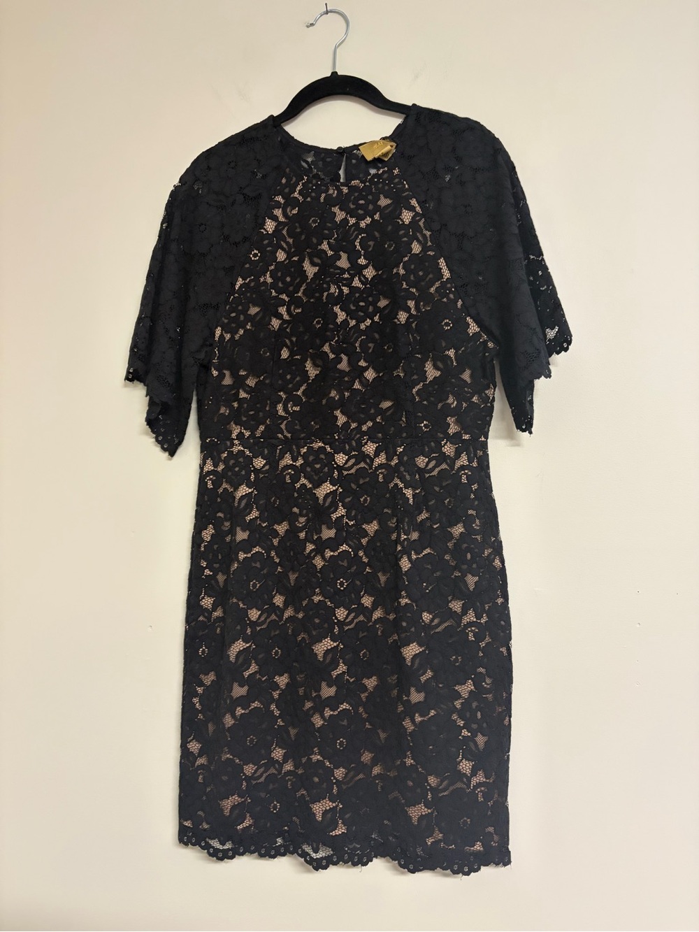 H&M Black Lace Overlay Sheath Dress with Gold Nude Lining